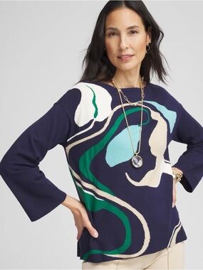 CHICO’S NWT 2 Wildflower Intarsia Sweater in Passport Blue • Abstract Floral